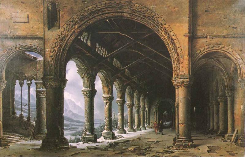 louis daguerre The Effect of Fog and Snow Seen through a Ruined Gothic Colonnade china oil painting image